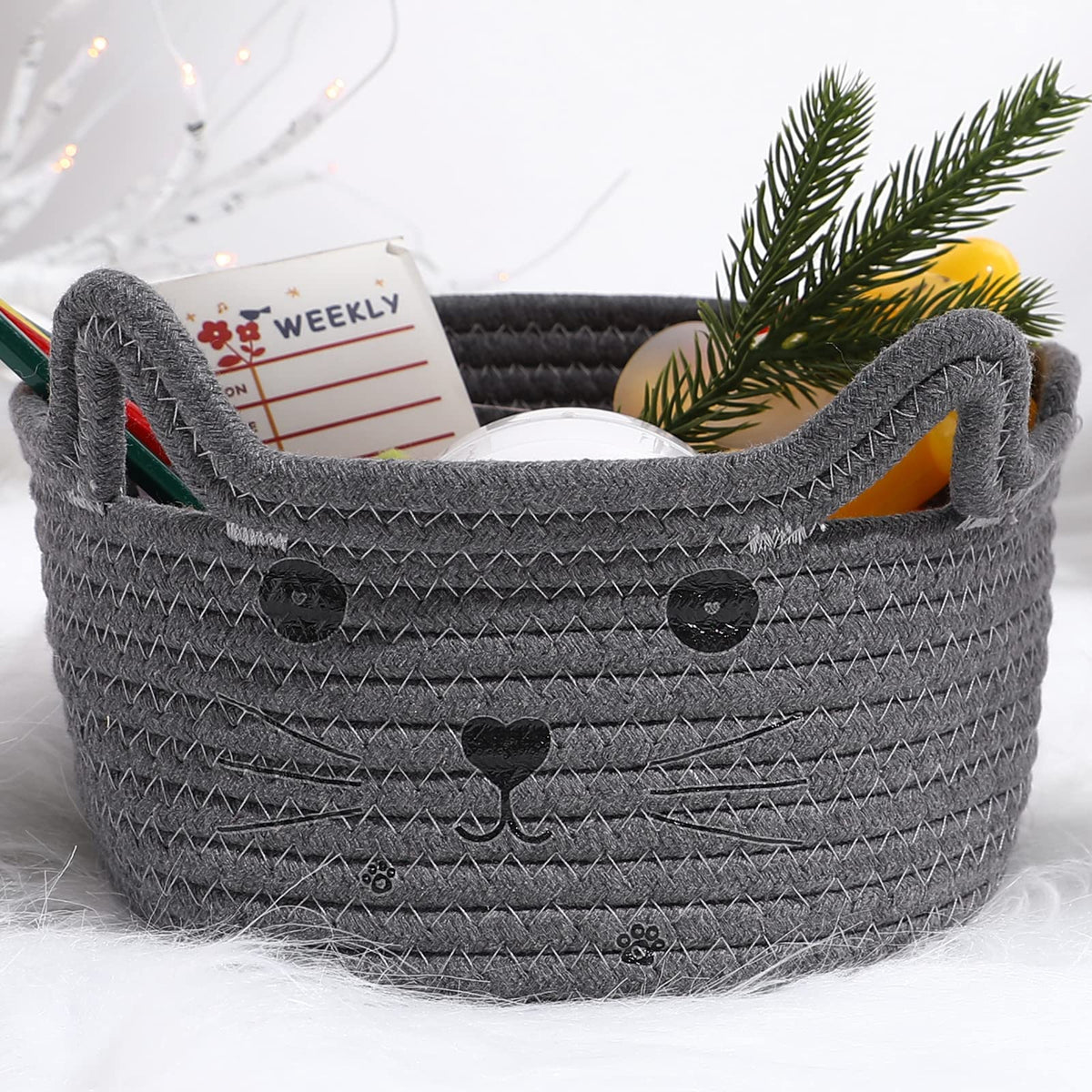 Zopeal cat basket with ear handles stores small items and cute decor