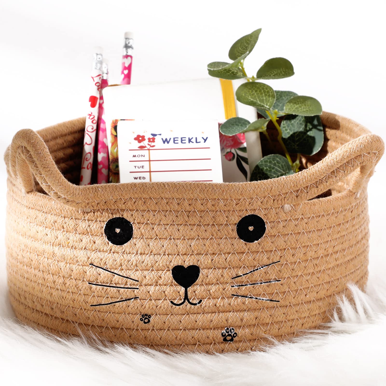 Zopeal cat basket with woven ears, a durable toy bin and decorative storage.