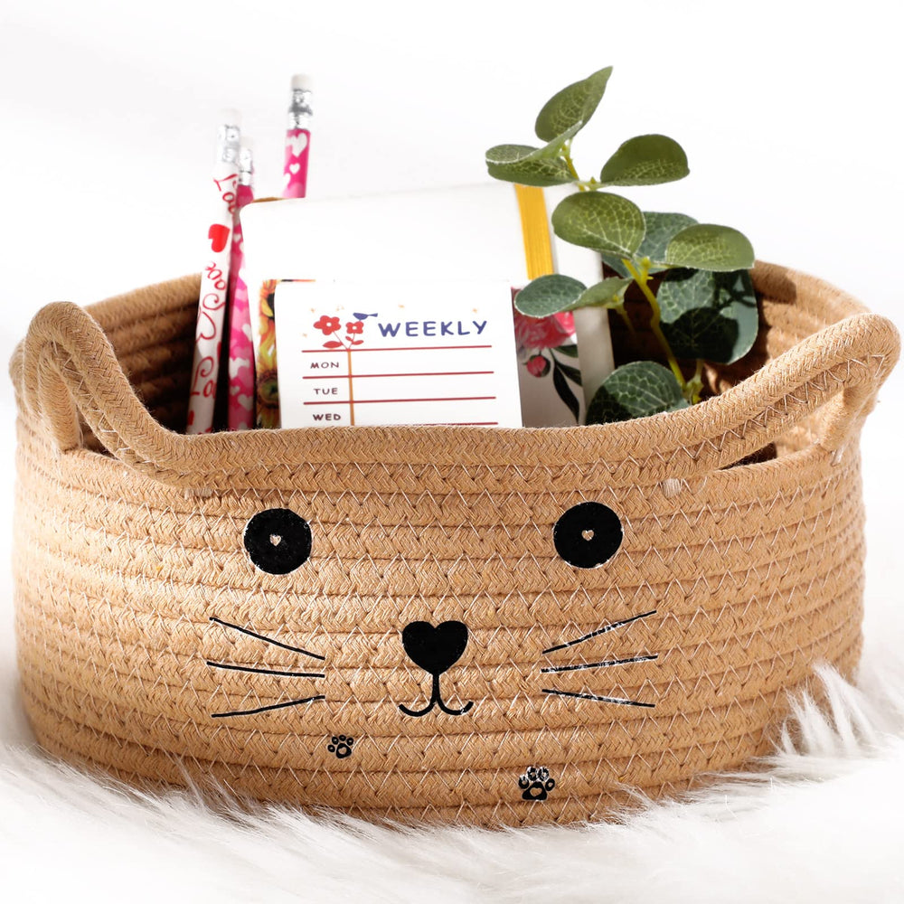 Zopeal cat basket with woven ears, a durable toy bin and decorative storage.