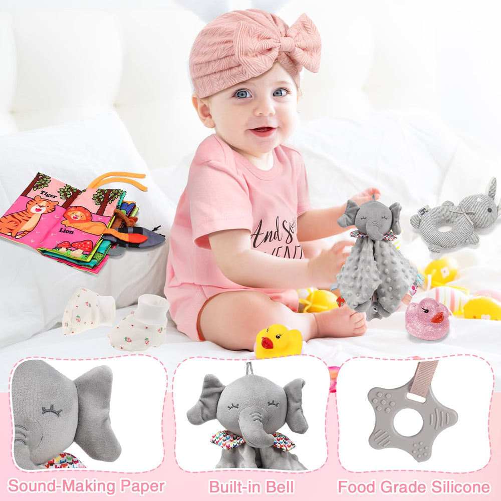 Zopeal rubber duckies and soft book for bath-time fun.
