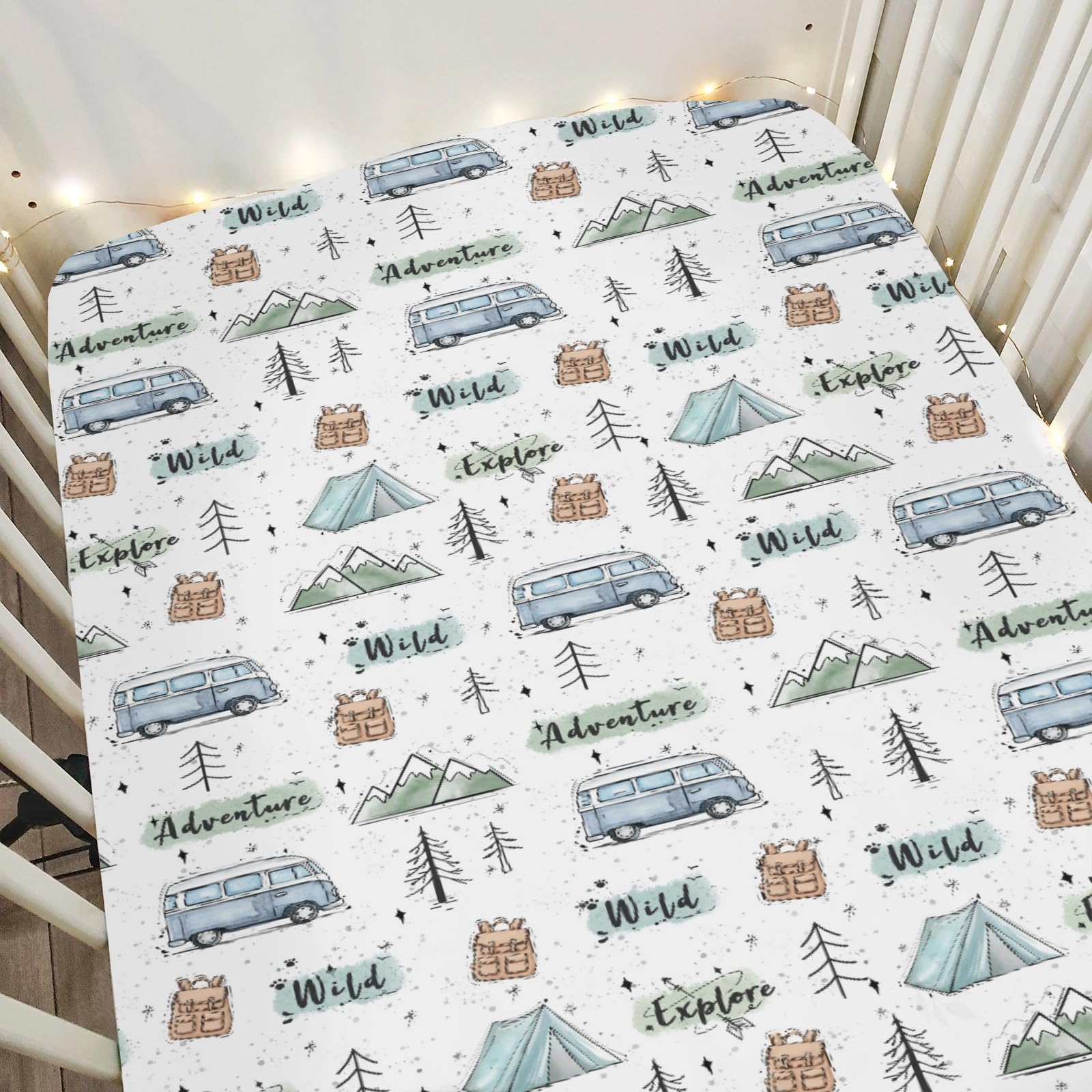 ZoUbqchY Adventure Camping forest scene crib sheet provides cozy nursery comfort