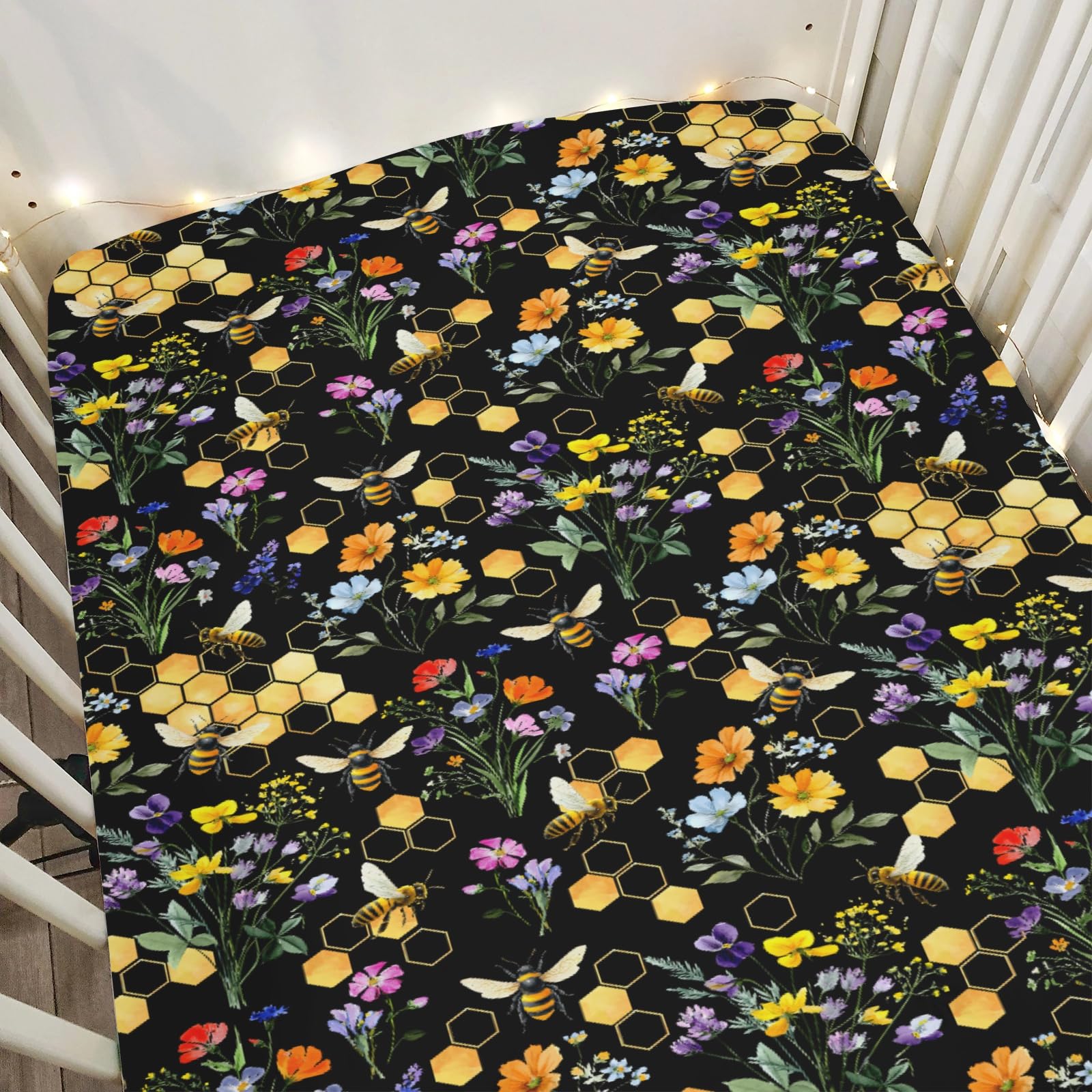 ZoUbqchY Boho Wildflower Bees crib sheet covers a standard crib with soft, breathable fabric.