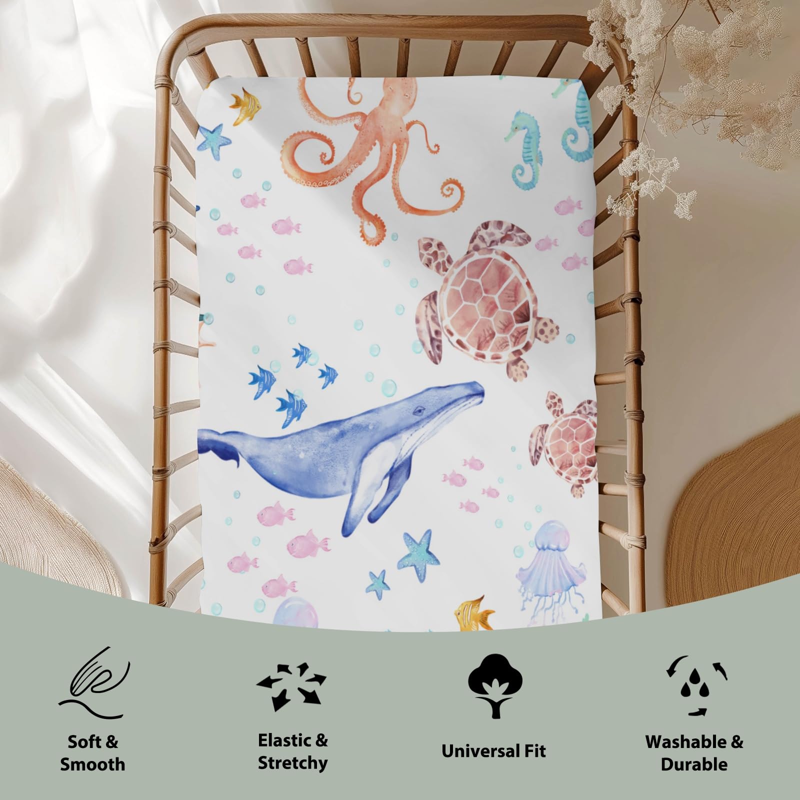 ZoUbqchy ocean animals crib sheet with 9-inch pocket ensuring a snug fit.
