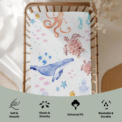 ZoUbqchy ocean animals crib sheet with 9-inch pocket ensuring a snug fit.