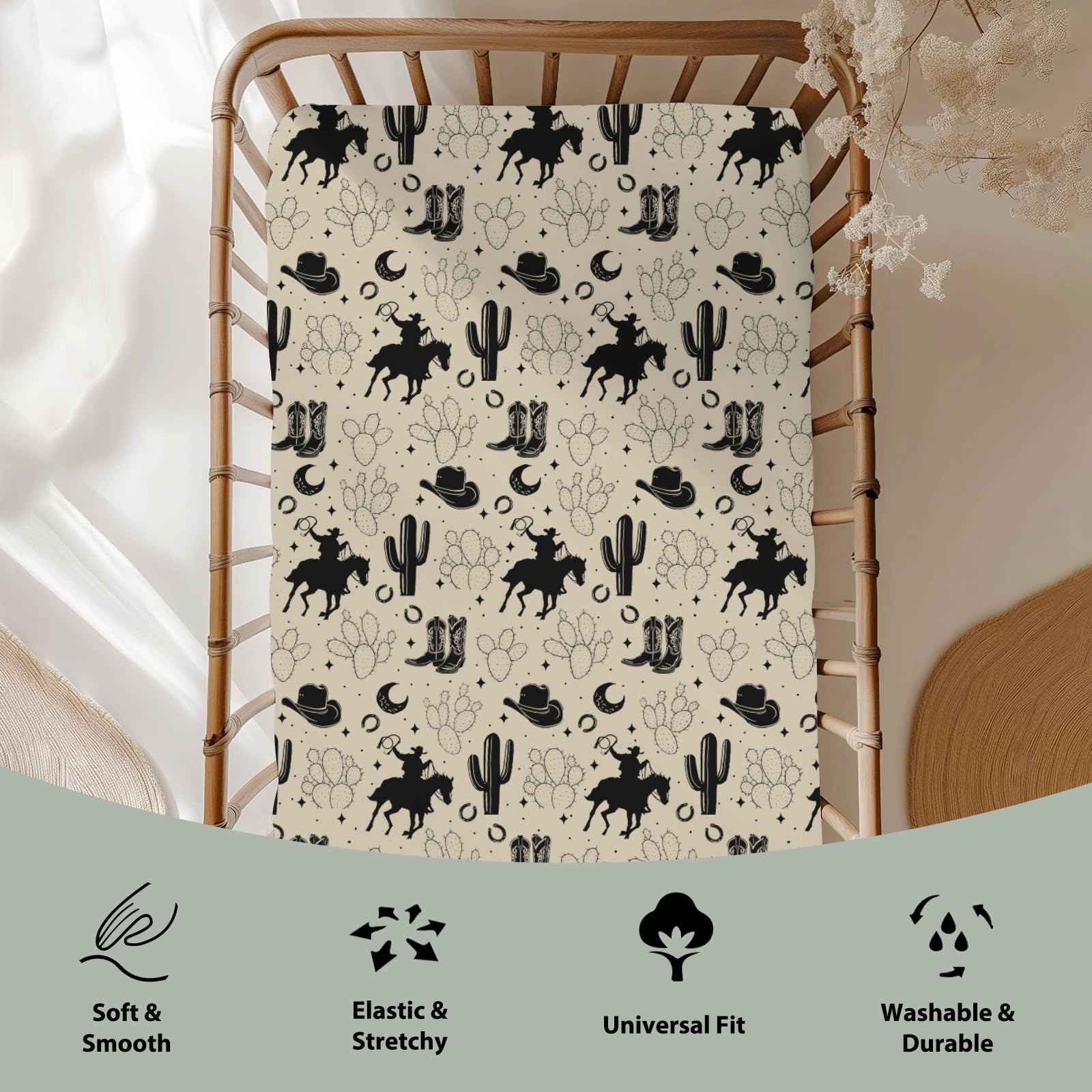 ZoUbqchY horse motif crib sheet supports a calm sleep space.