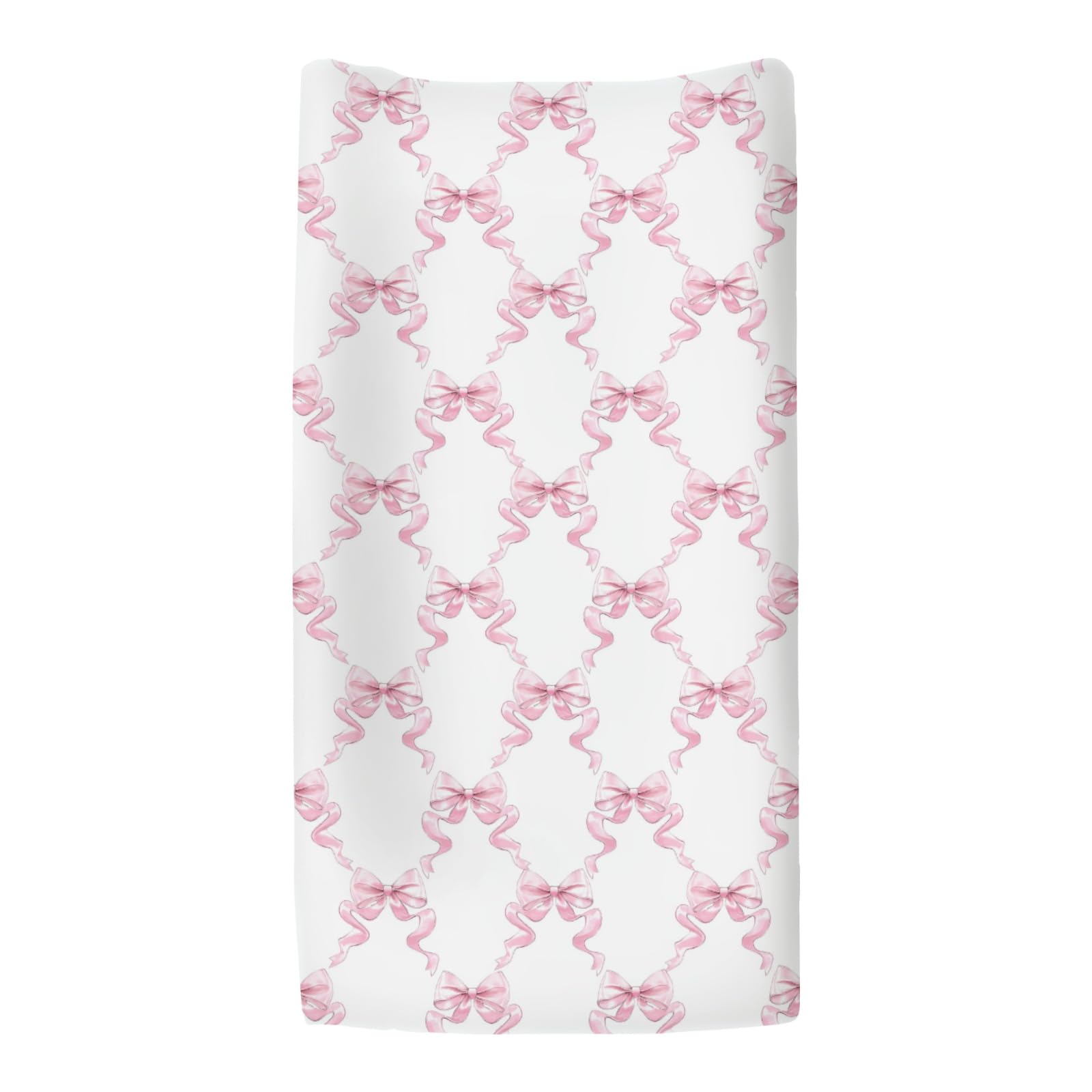 ZoUbqchY Pink Bows changing pad cover shown on a contoured pad in nursery.