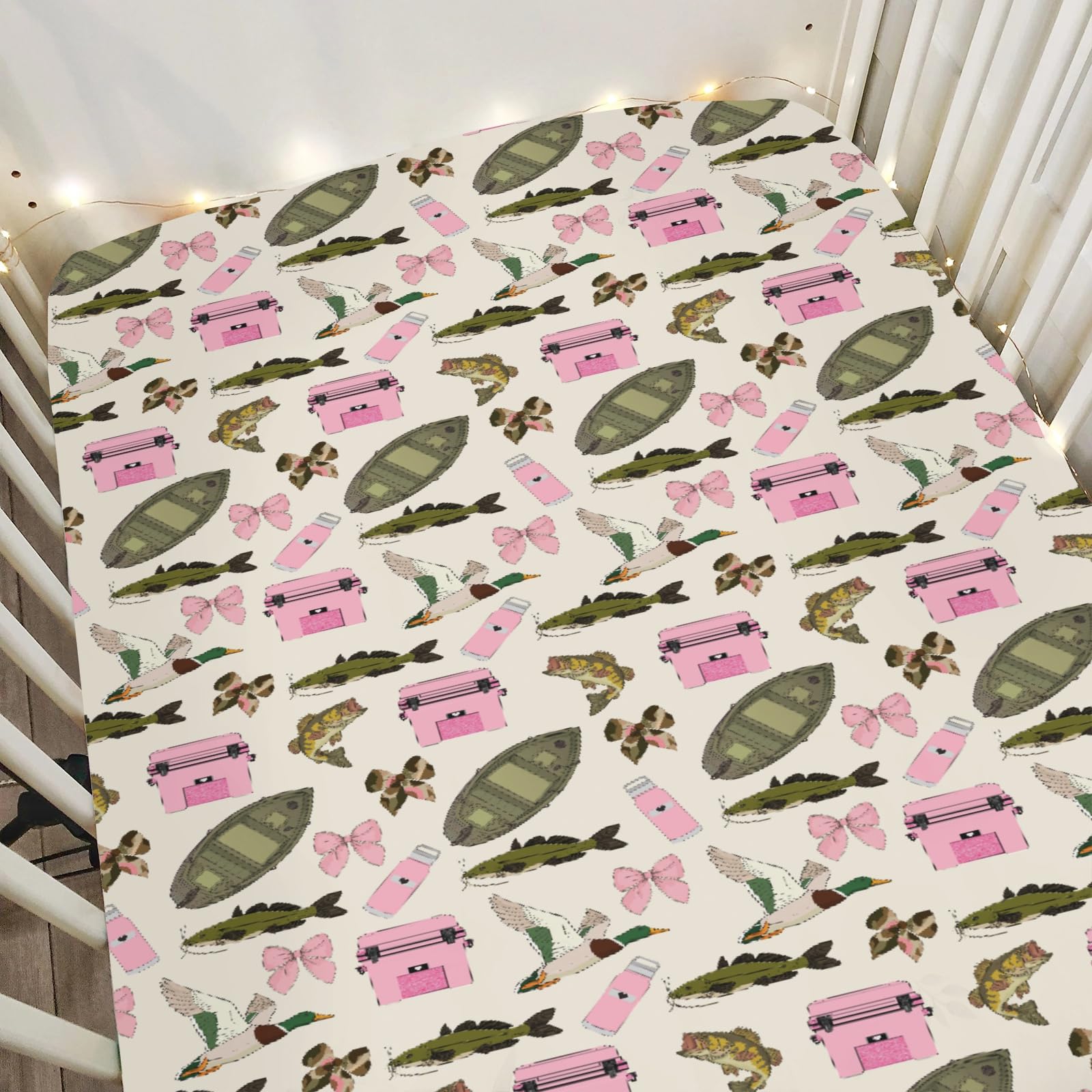 ZoUbqchY pink fishing crib sheet fits standard cribs with a snug 52x28 and nine inch pocket