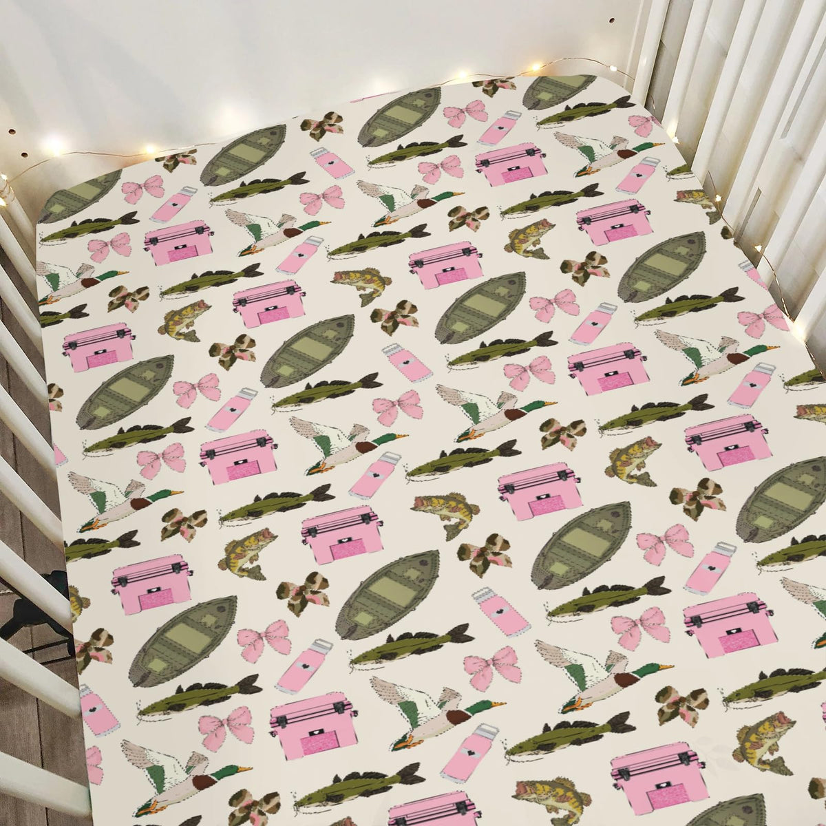 ZoUbqchY pink fishing crib sheet fits standard cribs with a snug 52x28 and nine inch pocket