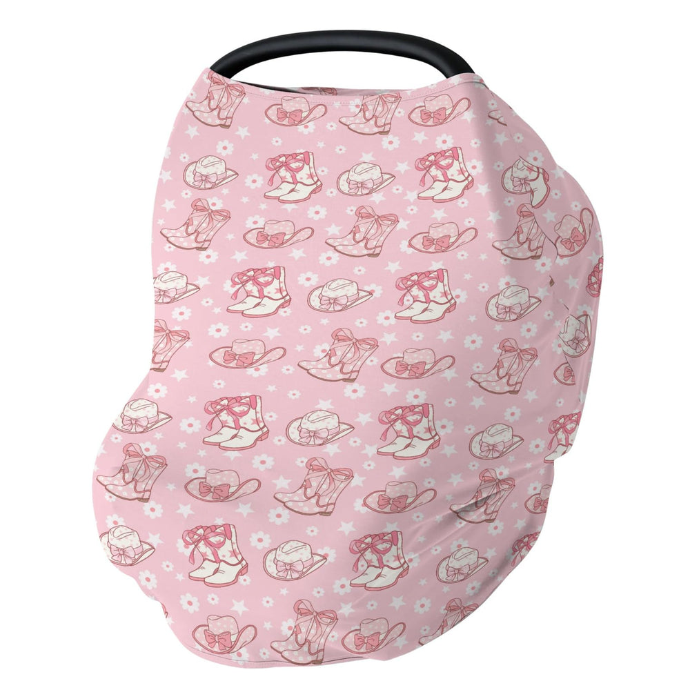 ZoUbqchY pink floral bows car seat cover for privacy and airflow during outings.
