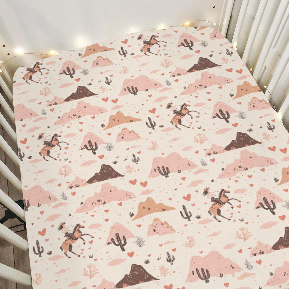 ZoUbqchY Vintage pink cowgirl cactus crib sheet with soft, breathable fabric for peaceful sleep.