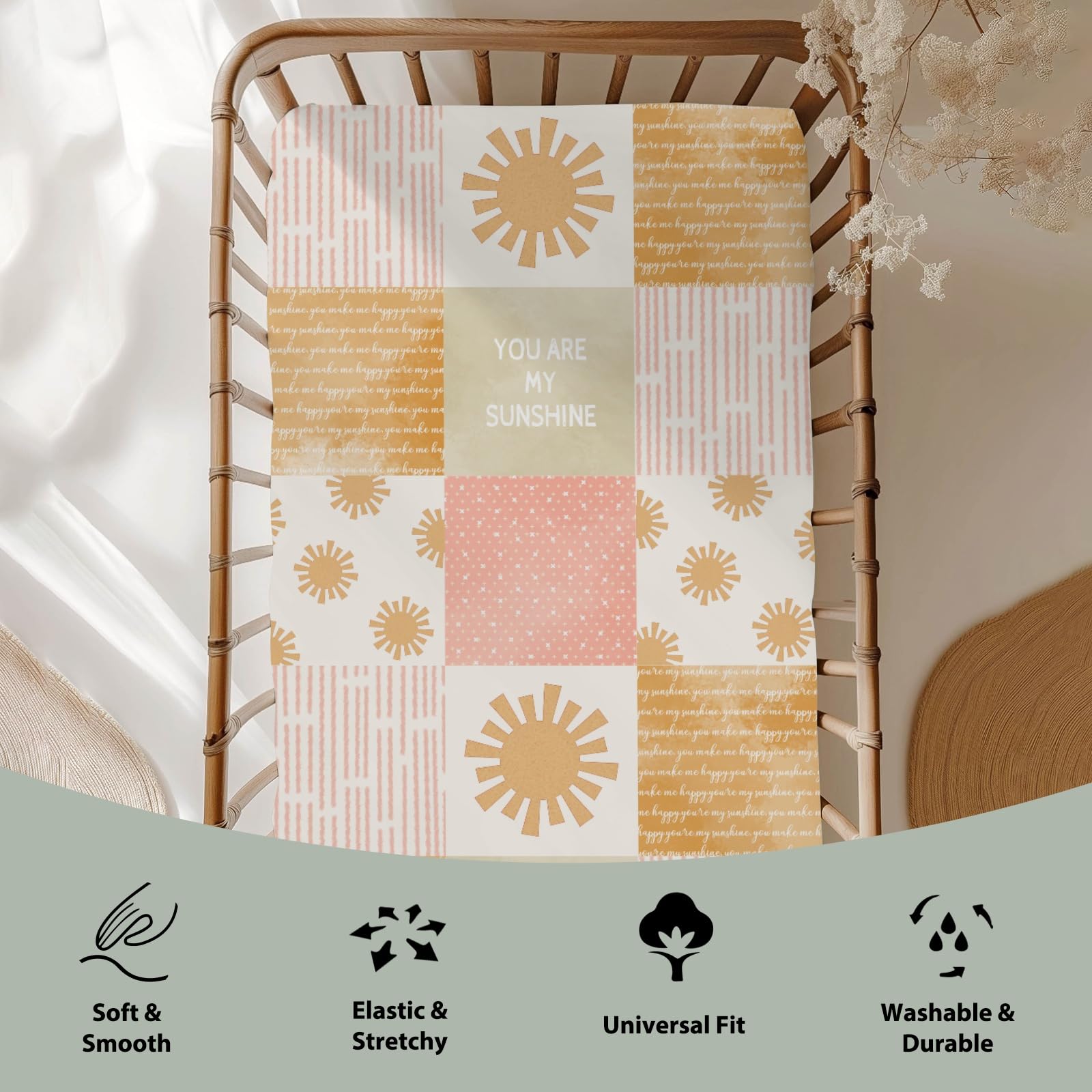 ZoUbqchY Vintage Sun boho rainbow print adds cozy nursery vibes.