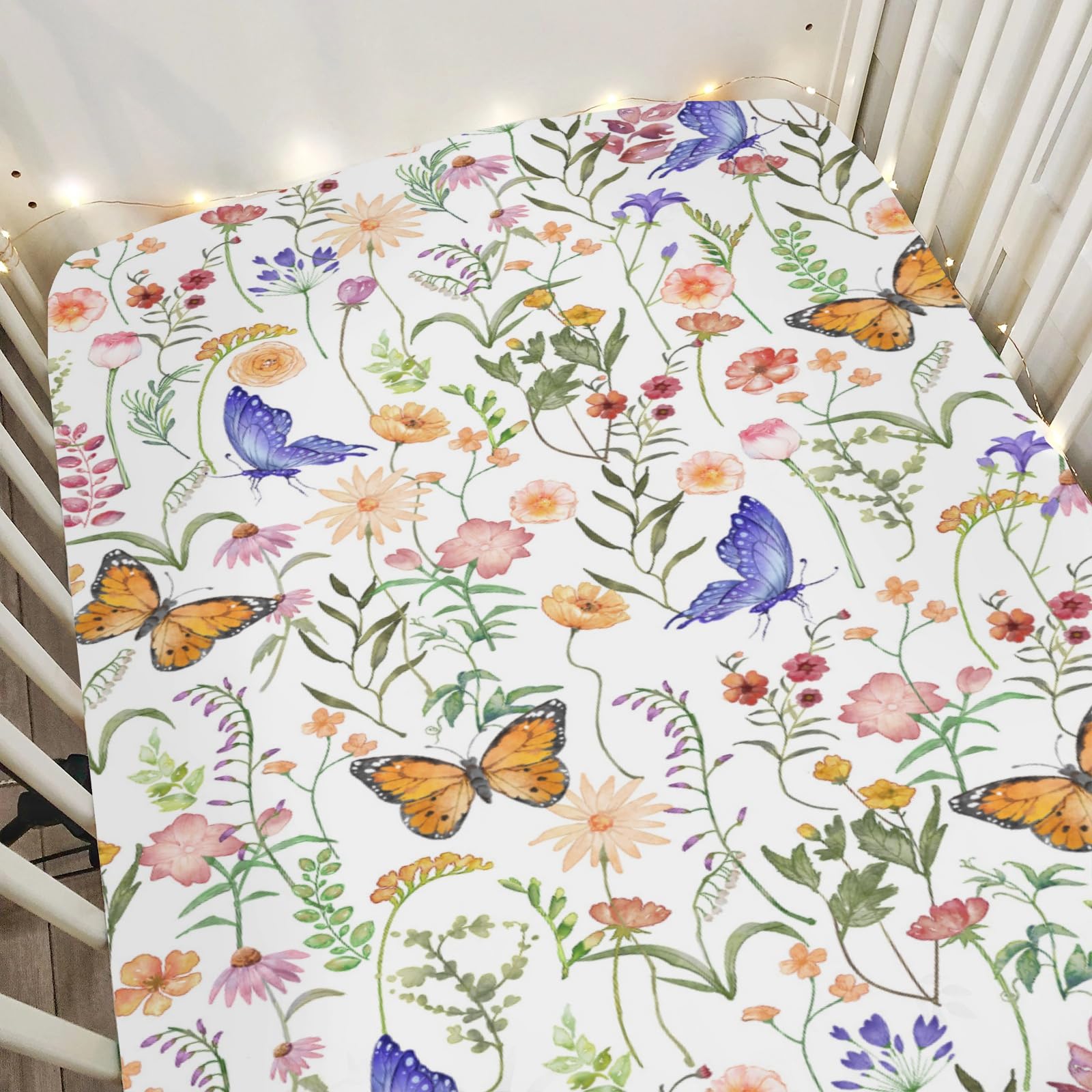 ZoUbqchY Vintage Wildflowers Butterflies crib sheet brightens nursery and keeps baby comfy.