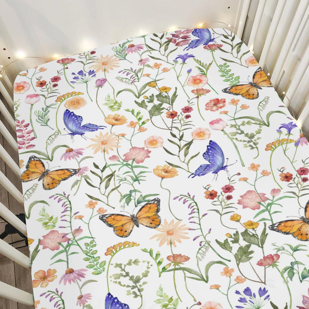 ZoUbqchY Vintage Wildflowers Butterflies crib sheet brightens nursery and keeps baby comfy.