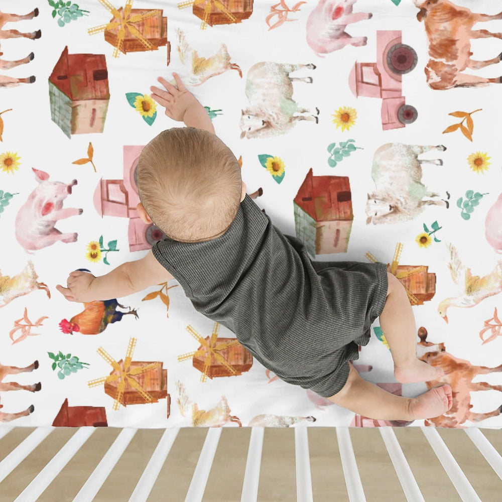 ZoUbqchY barn truck print crib sheet blends with modern nursery decor