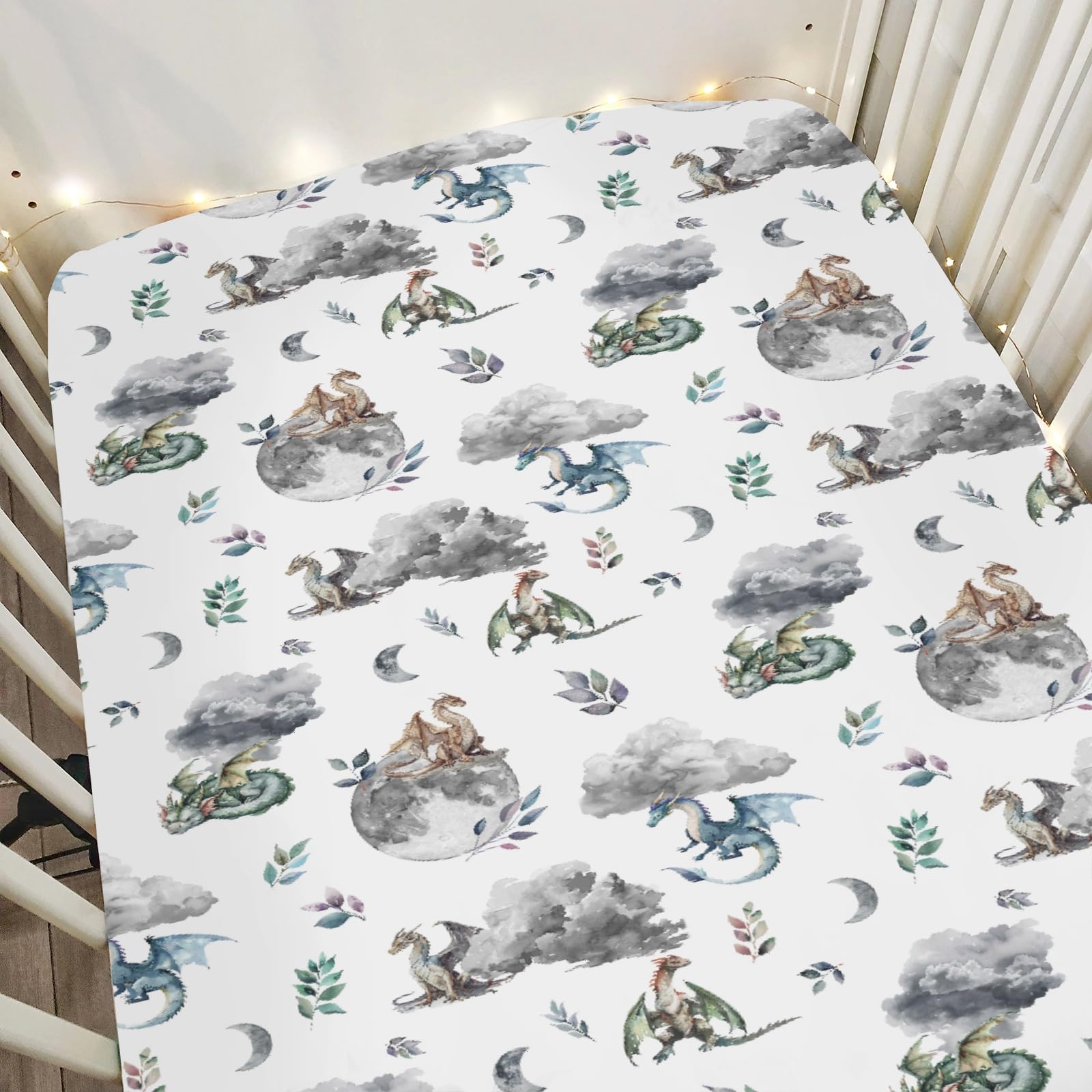 ZoUbqchY watercolor dragons with dragon wings; cozy crib sheet for naps.