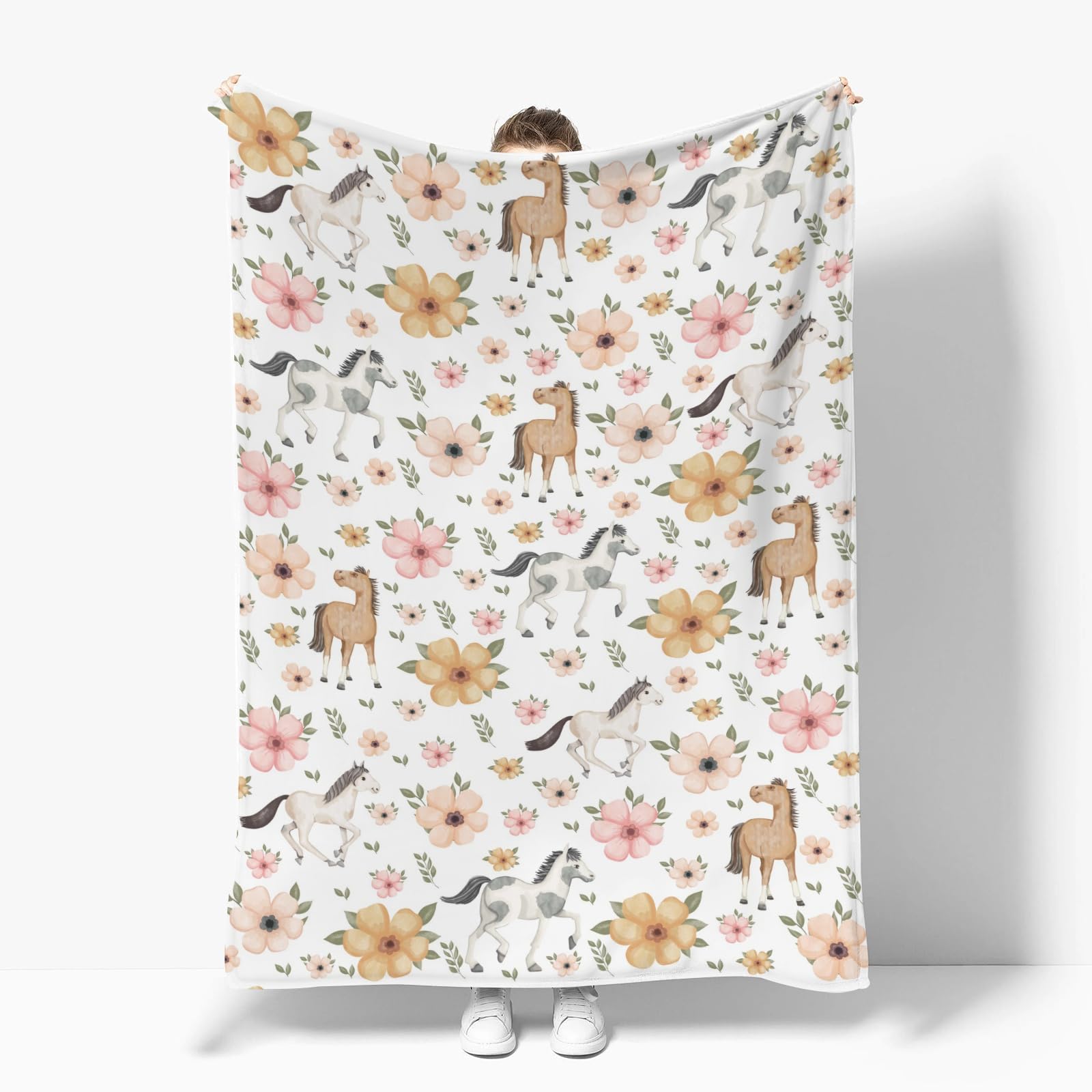 ZoUbqchY watercolor horse floral baby blanket 60x80 inches queen bed ready