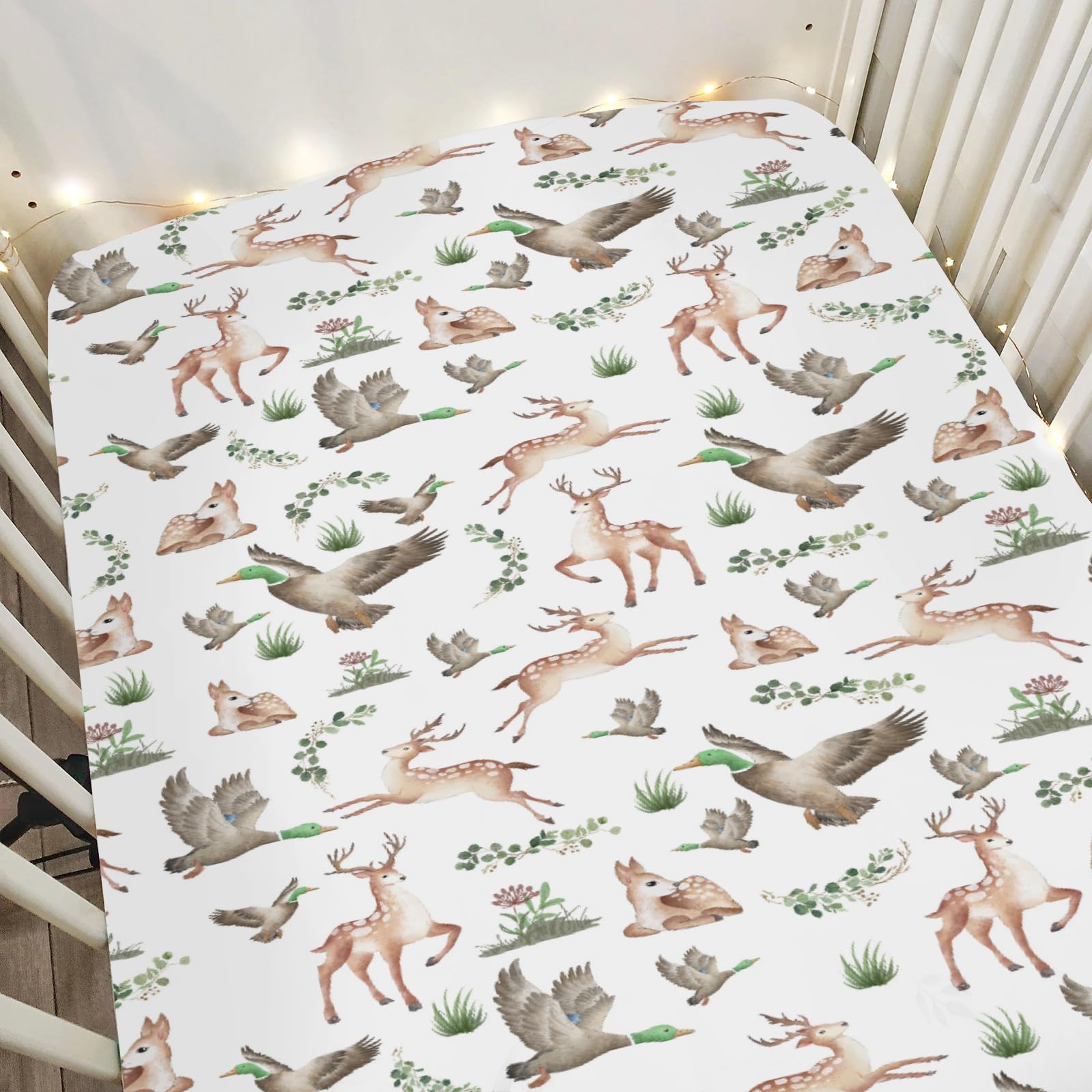 ZoUbqchY wild animals hunting crib sheet with mallard duck print offers cozy nursery ambiance.