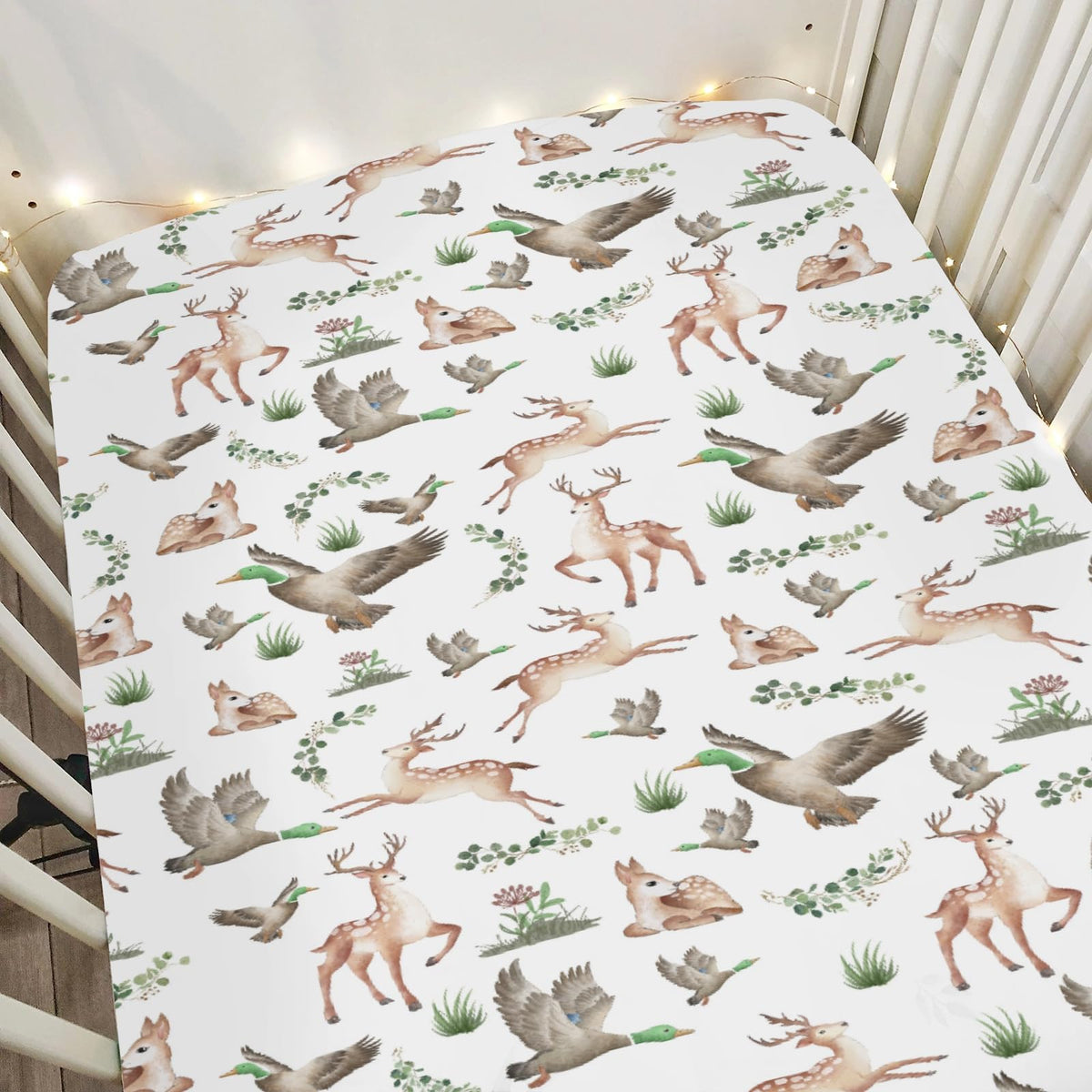 ZoUbqchY wild animals hunting crib sheet with mallard duck print offers cozy nursery ambiance.