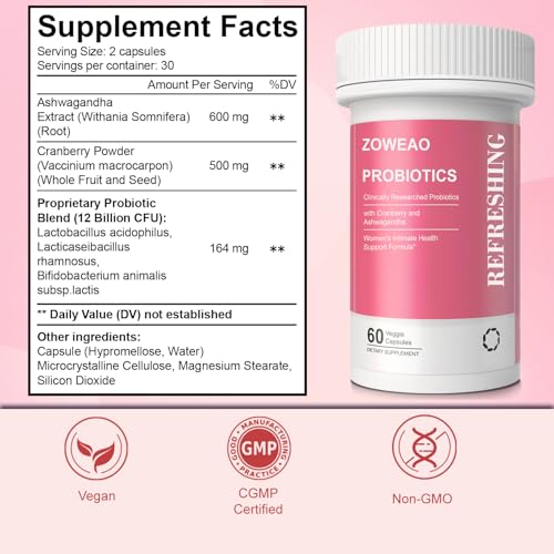 Ashwagandha and cranberry blend graphic emphasizing hormonal balance and urinary comfort.
