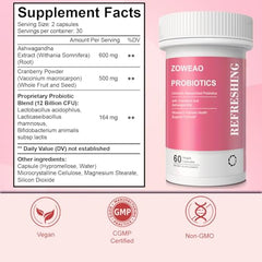 Ashwagandha and cranberry blend graphic emphasizing hormonal balance and urinary comfort.