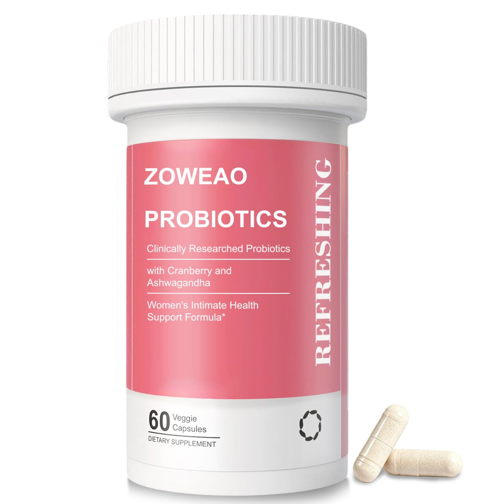 ZOWEAO Vaginal Probiotics capsules in a bottle promoting daily moisture and pH balance.