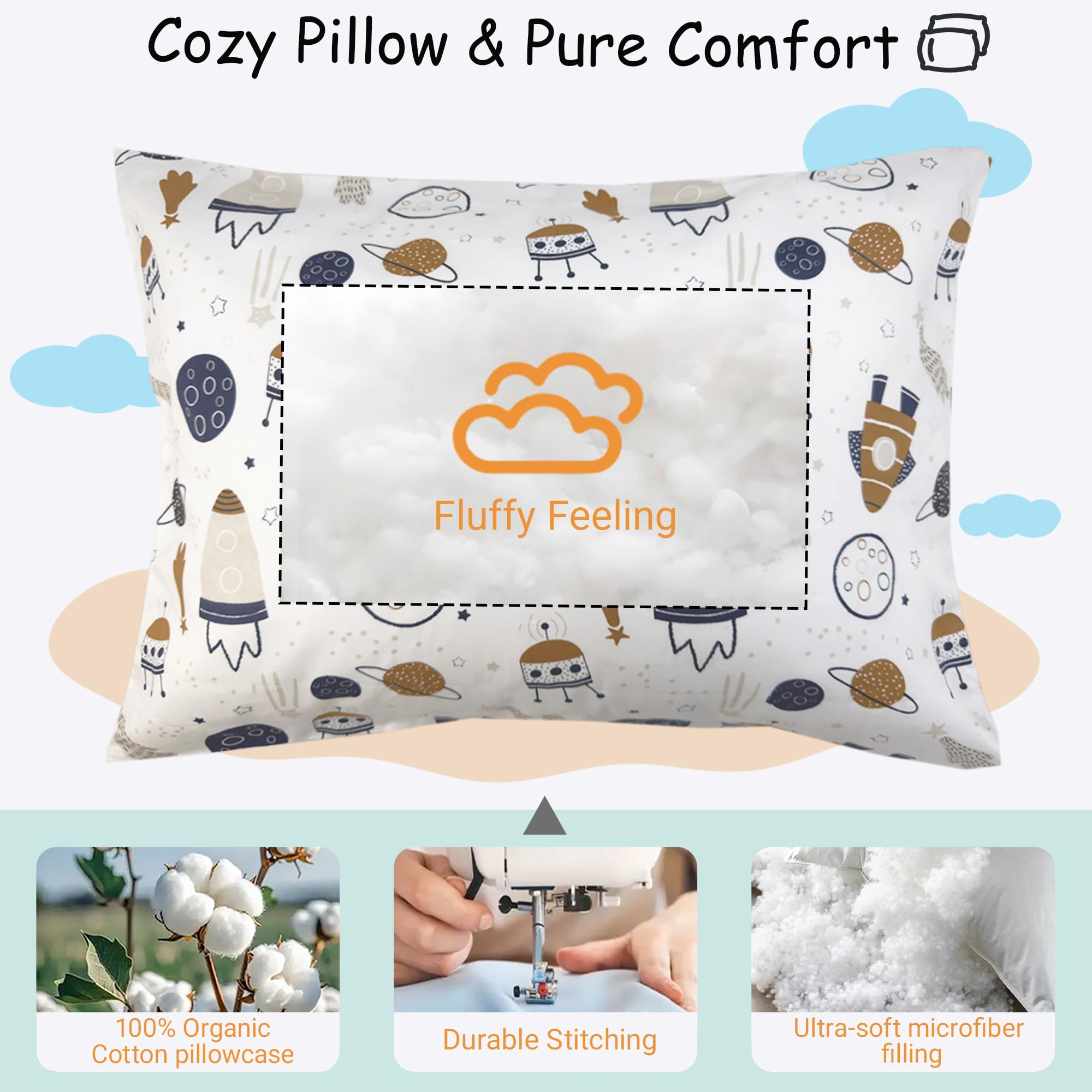 ZPECC pillow shown in travel crib and stroller for on-the-go comfort.
