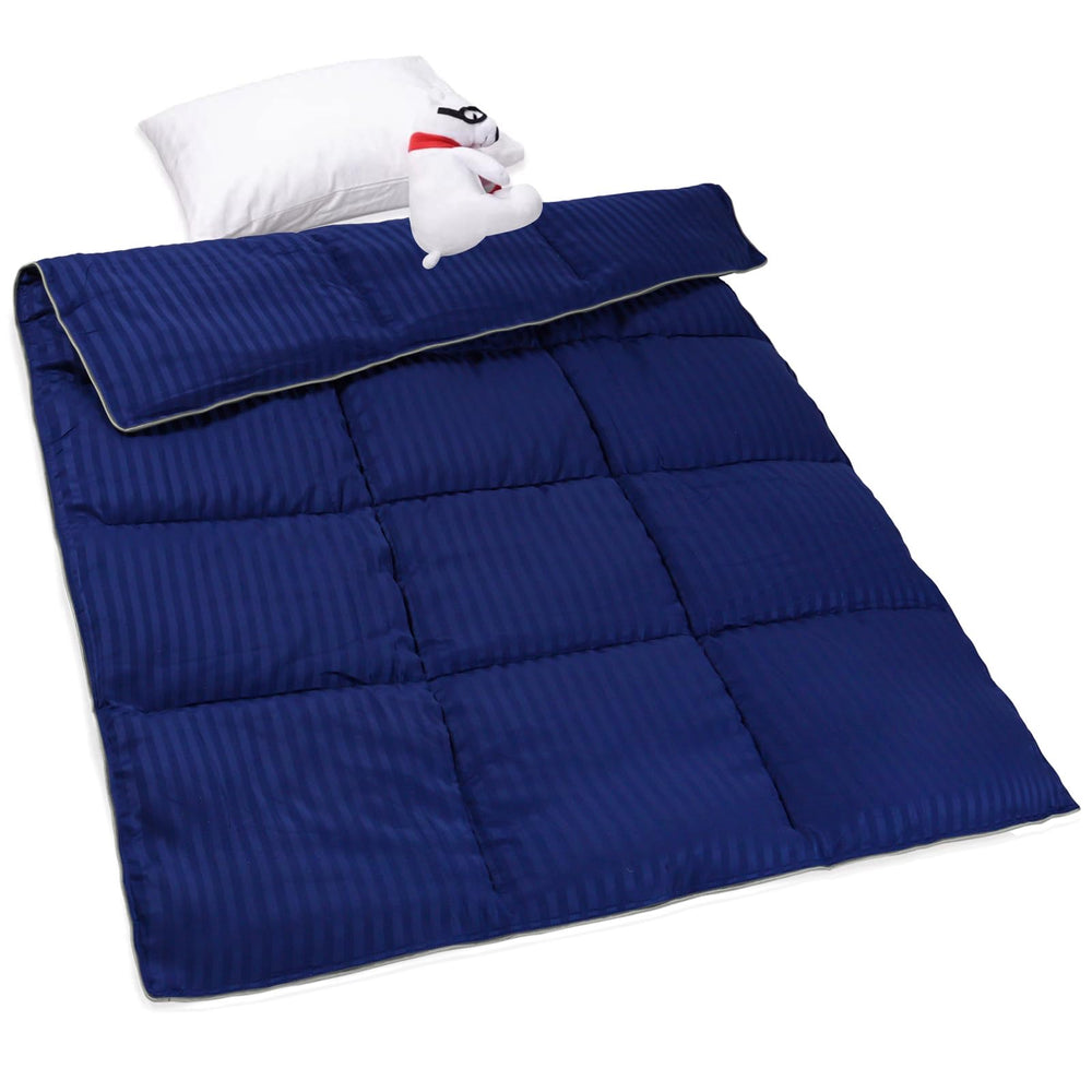 ZPECC toddler comforter blue stripe shown in front view for crib sleep