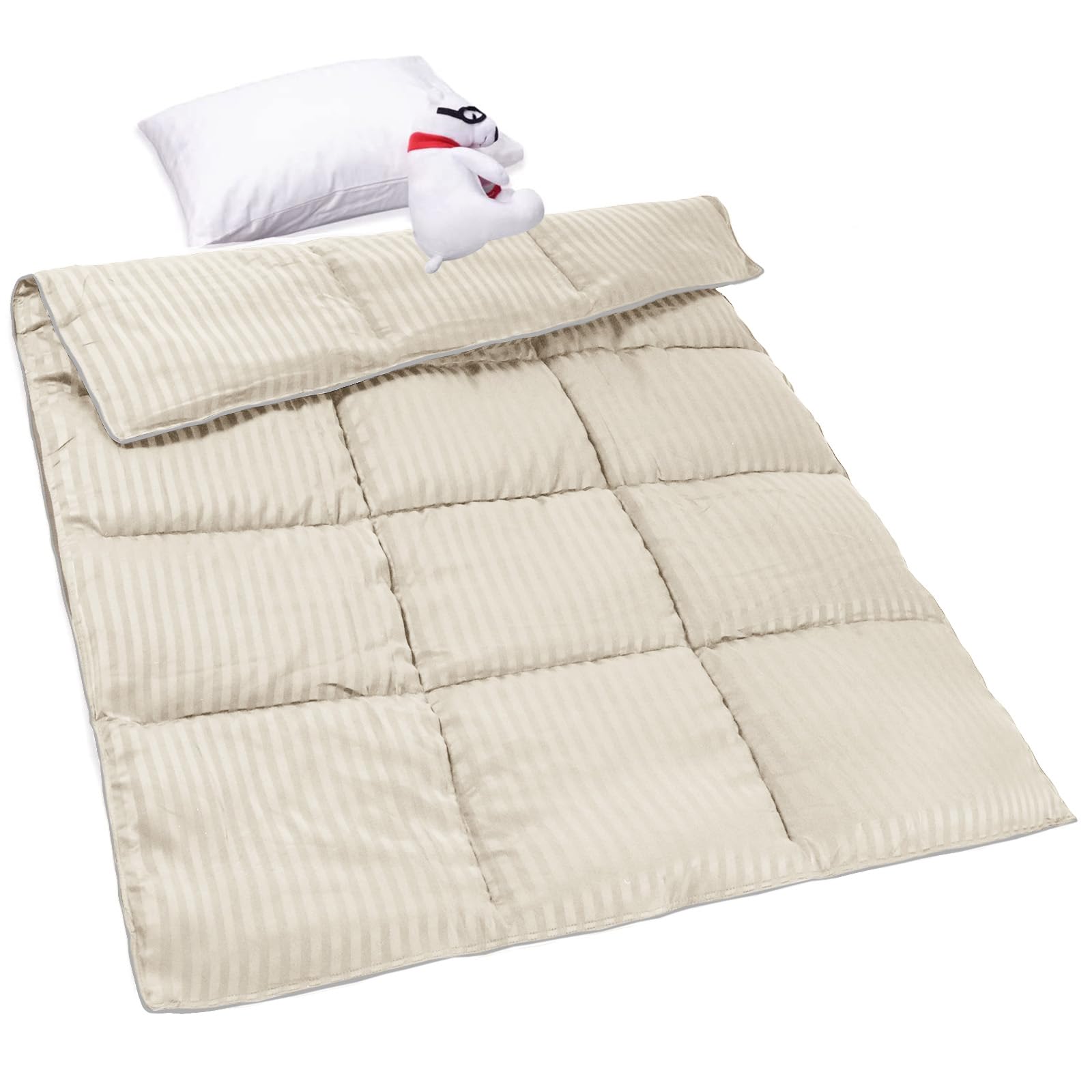 ZPECC toddler down-alternative comforter in cream stripe resting softly in a crib