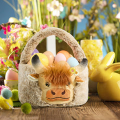 ZRPSIZP Highland Cow plush basket filled with treats for Halloween fun