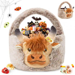 ZRPSIZP Highland Cow plush basket front view for safe candy collection