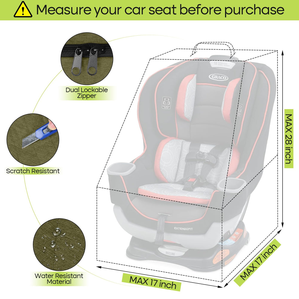 ZRRAJOY green car seat travel bag back view, padded backpack straps for comfort.