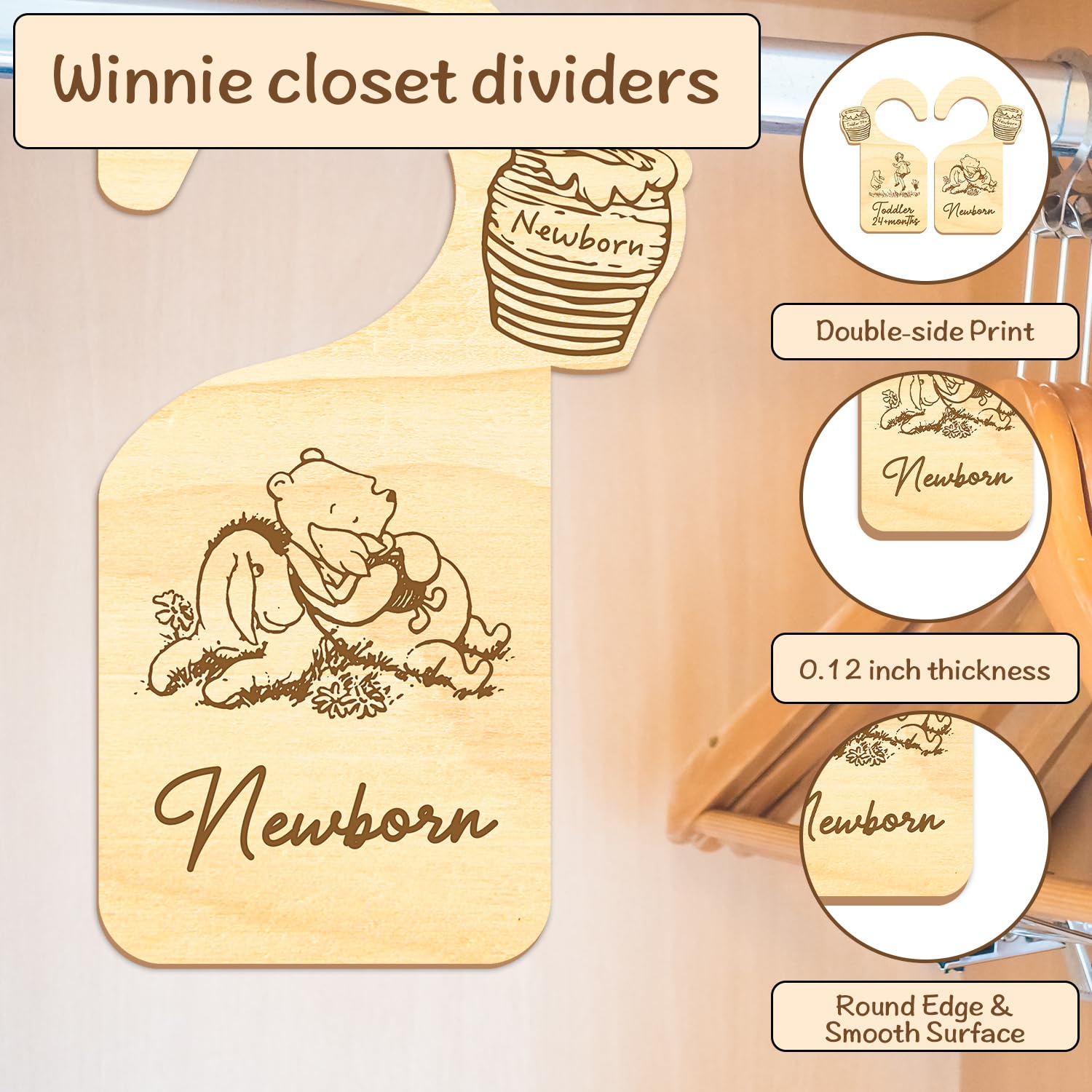 ZsaTuiy wooden baby closet dividers add durable, stylish organization to a child's wardrobe.