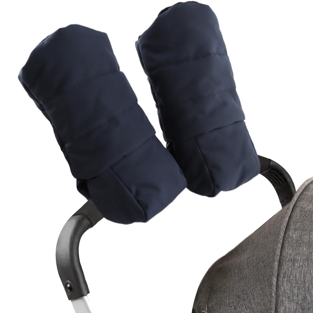 Zsedrut stroller gloves in navy on a handlebar keep hands warm during winter walks.