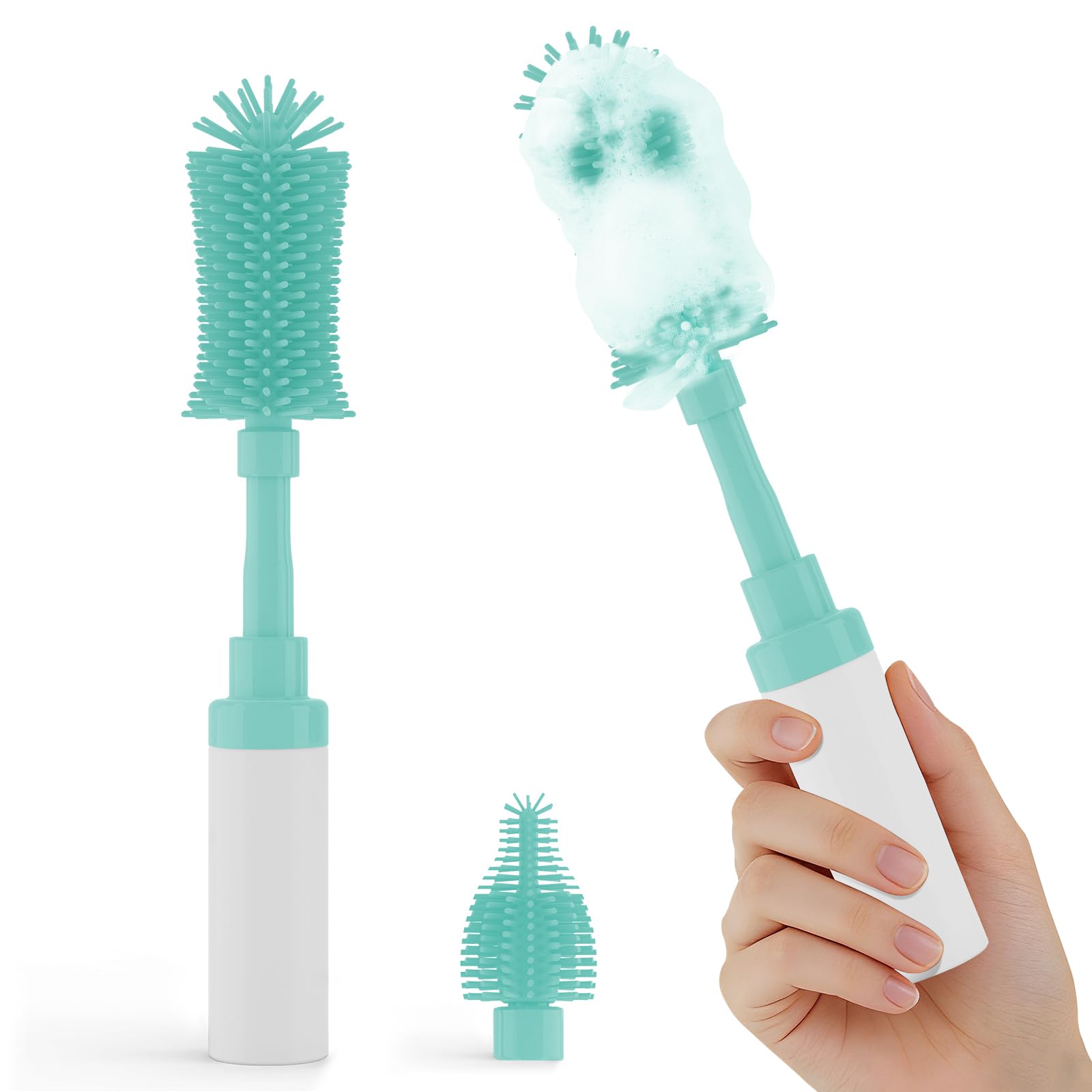 ZTX Push-to-Foam bottle brush set demonstrates dense foam for easier bottle cleaning.