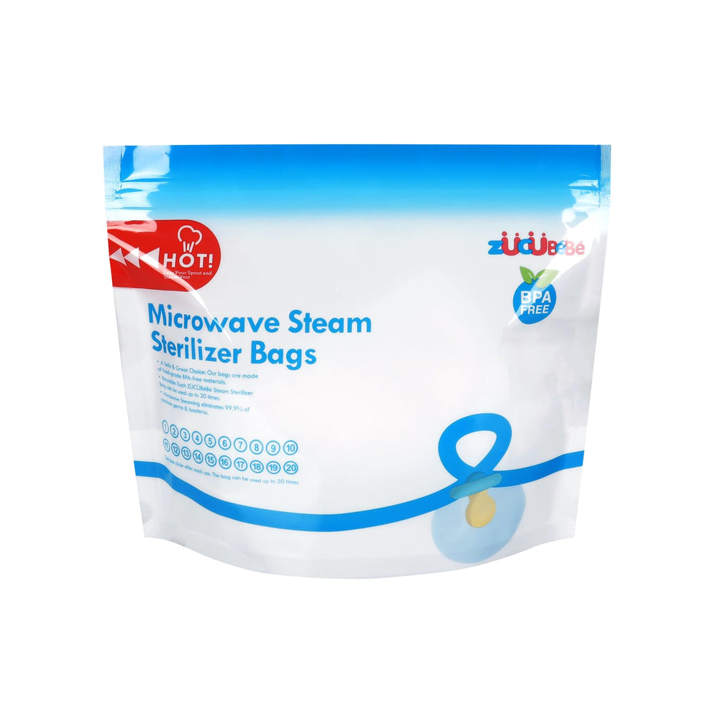 Zucube Bebé microwave sterilizer bags 12-pack front view for quick bottle sterilization.