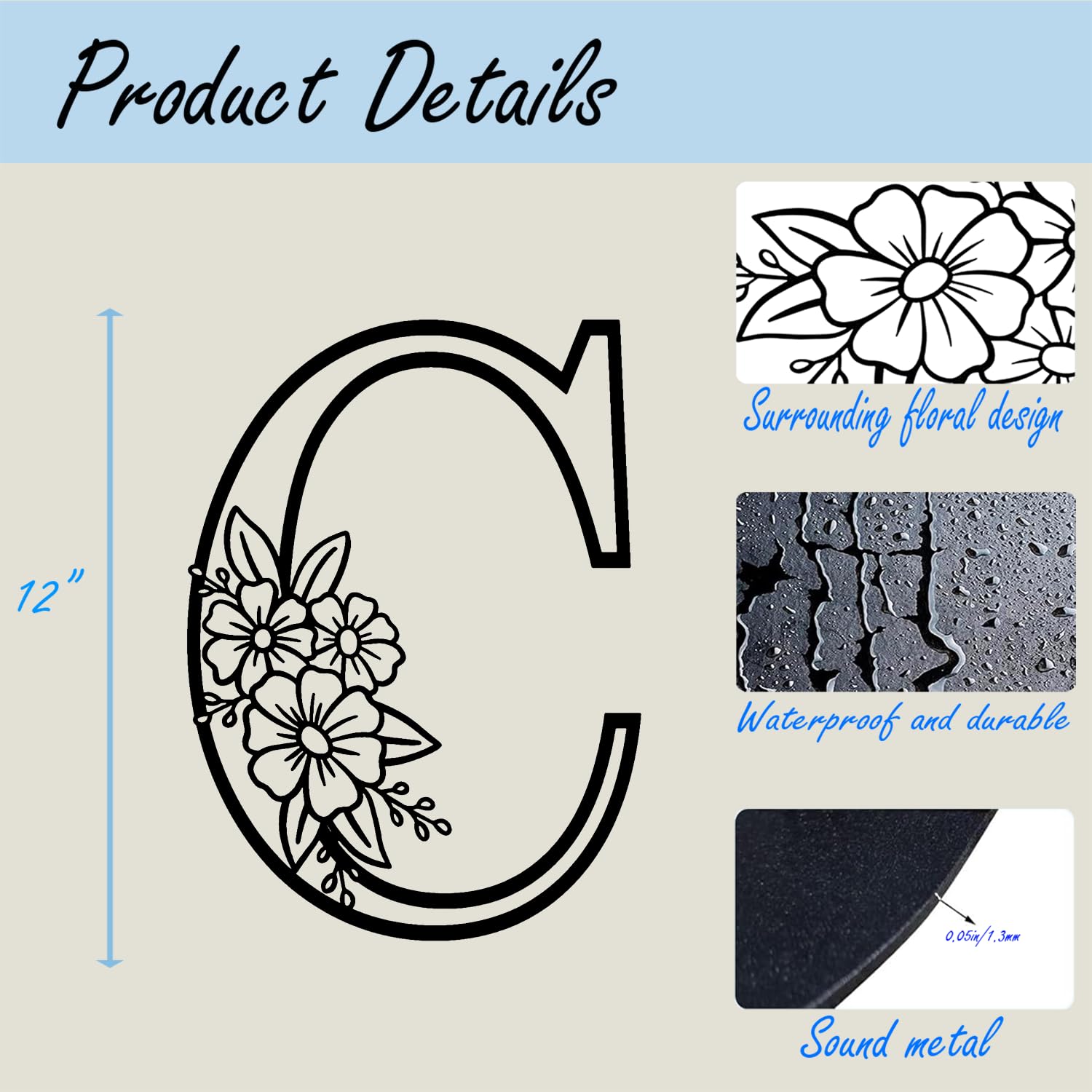 Zuinyainn carbon steel wall letter C is sturdy and CNC laser-engraved.