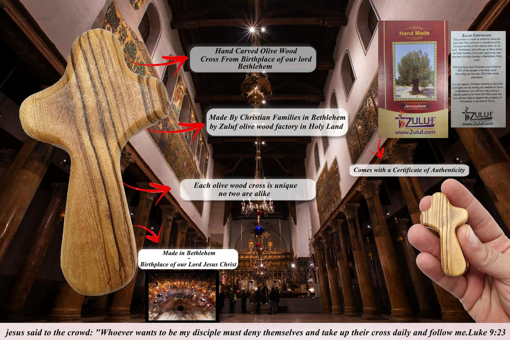 Zuluf palm-sized cross with Holy Land certificate, ideal Catholic gift.