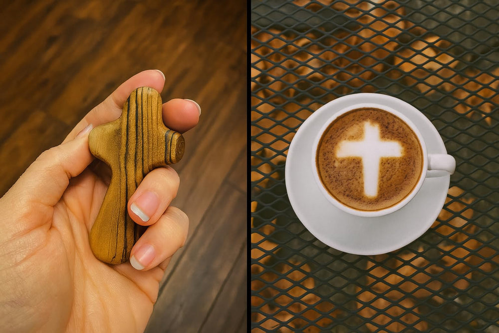 Zuluf olive wood cross from the Holy Land for desk display.
