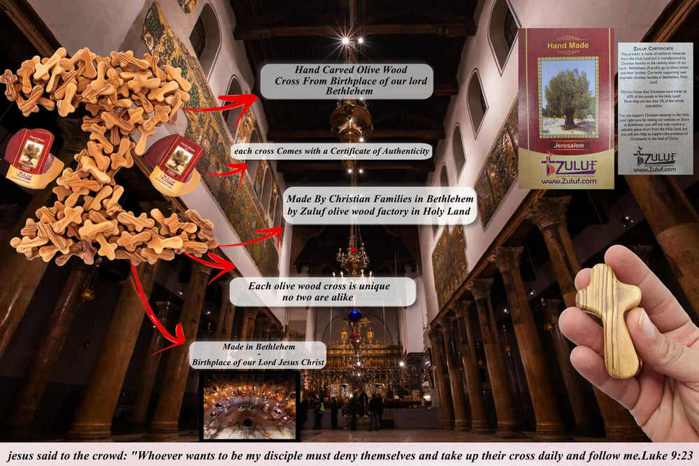 Zuluf cross with certificate Holy Land, authentic keepsake from Bethlehem for devotion.