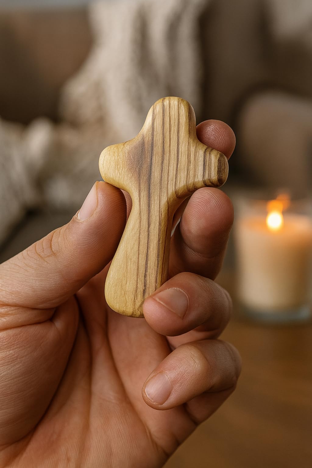 Zuluf cross with natural olive wood grain as a keepsake.