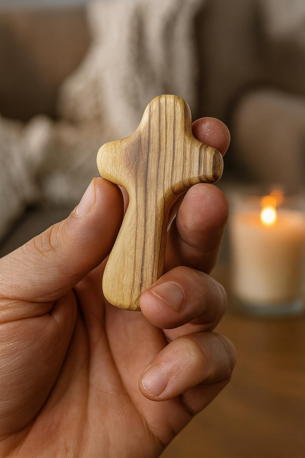 Zuluf cross with natural olive wood grain as a keepsake.