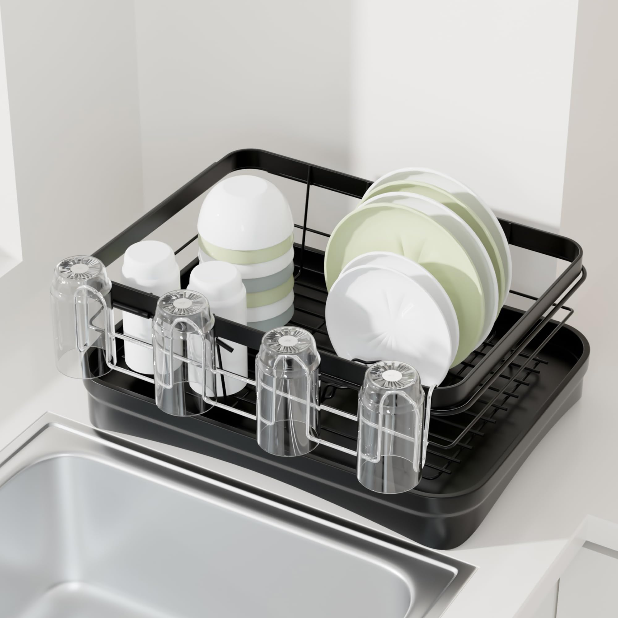 ZumenDa rack installed near the dish rack keeps cups organized and accessible.