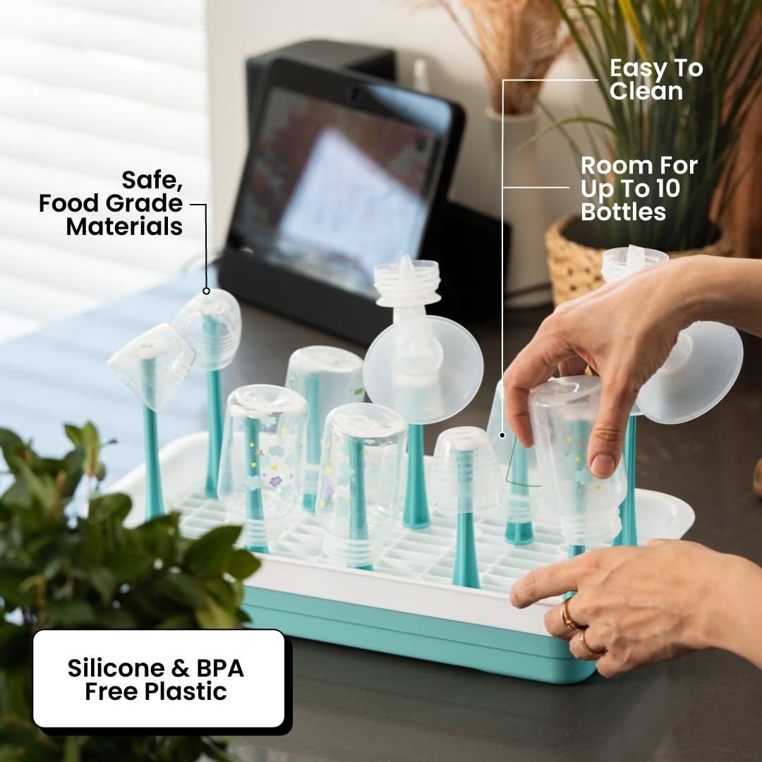 Zunee Baby Bottle Drying Rack with bottles on drying for quick air dry after washing