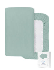 ZURLEFY light blue bassinet sheet folded, soft muslin fabric for delicate baby skin.