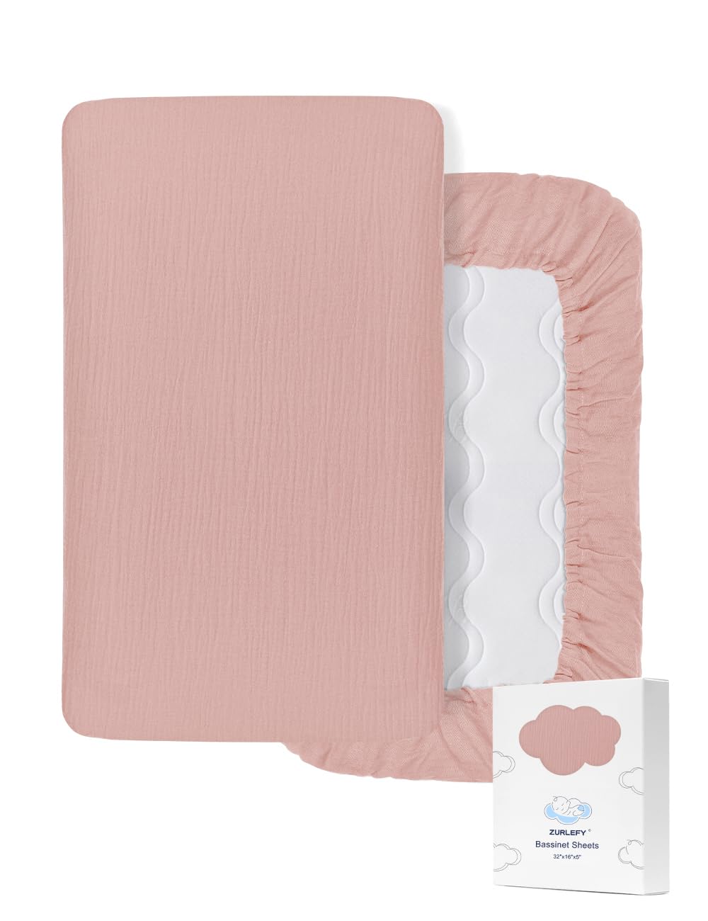 ZURLEFY pink muslin bassinet sheet with elastic bottom for a snug fit.