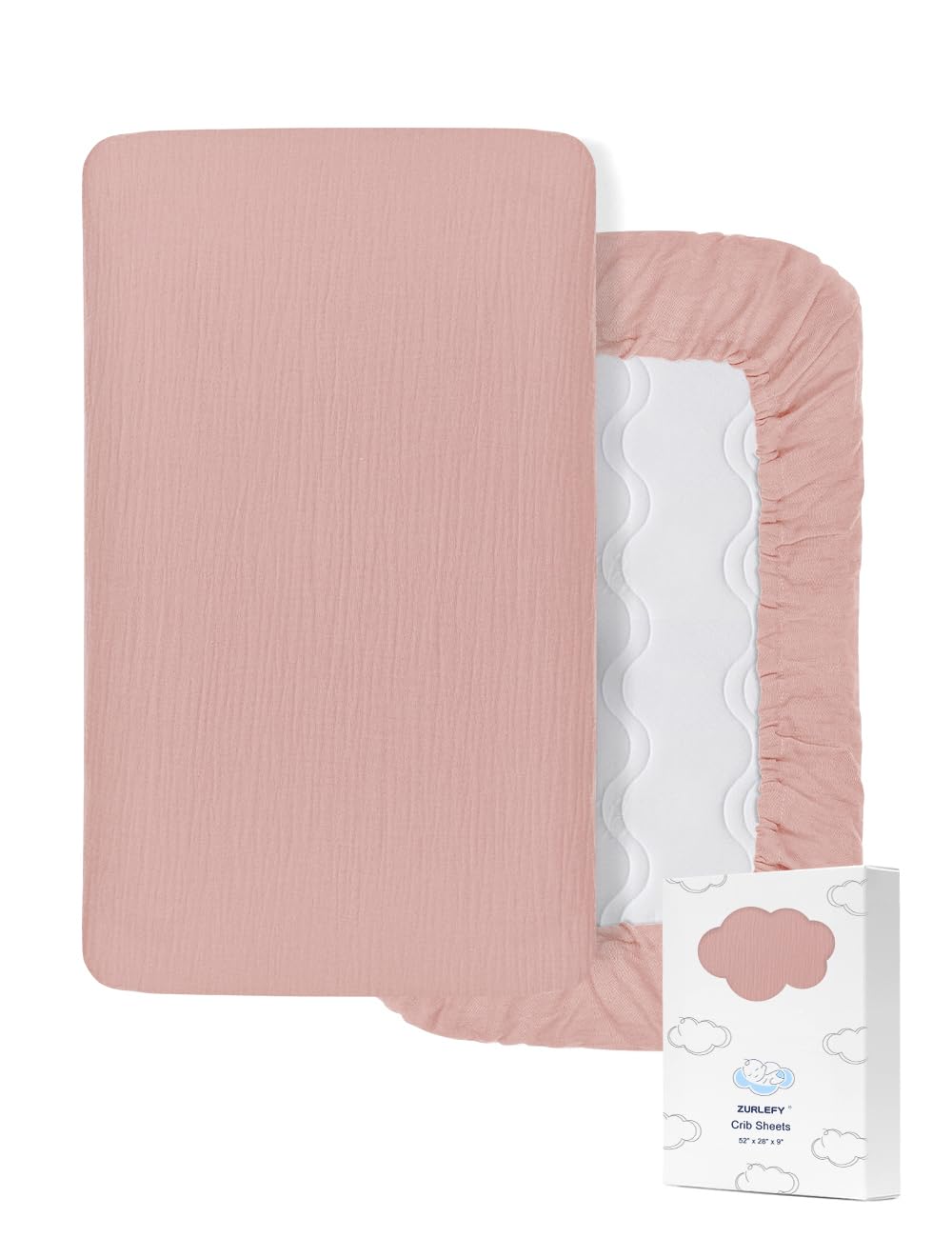 ZURLEFY pink muslin crib sheet fits standard cribs with soft, breathable cotton.