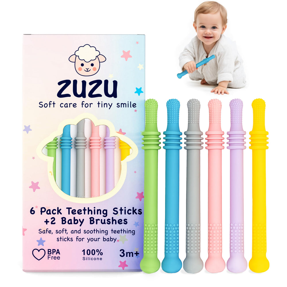 Zuzu Puzzle baby teether with textured surface for gum relief.