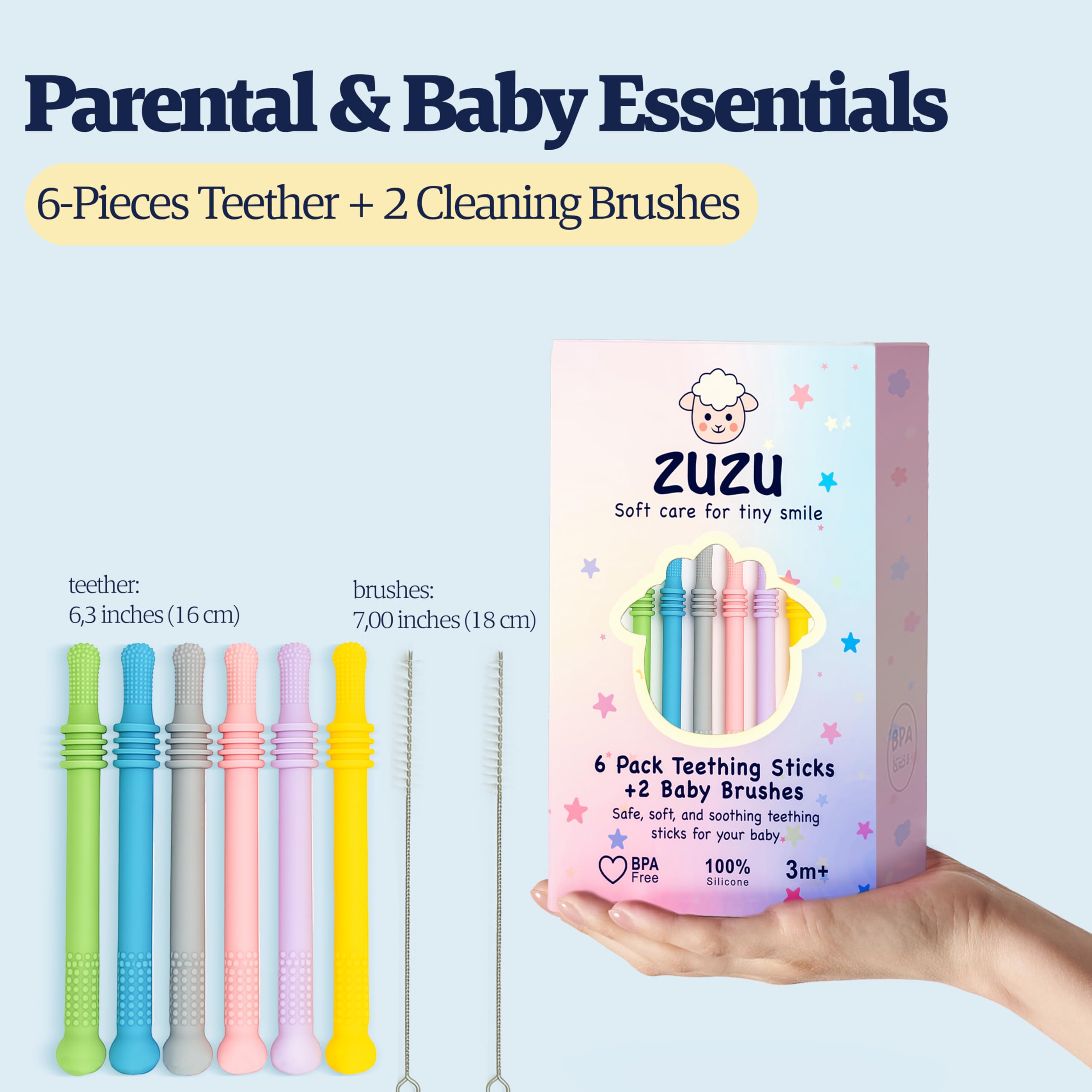 Zuzu Puzzle teething stick with ergonomic grip for tiny hands.