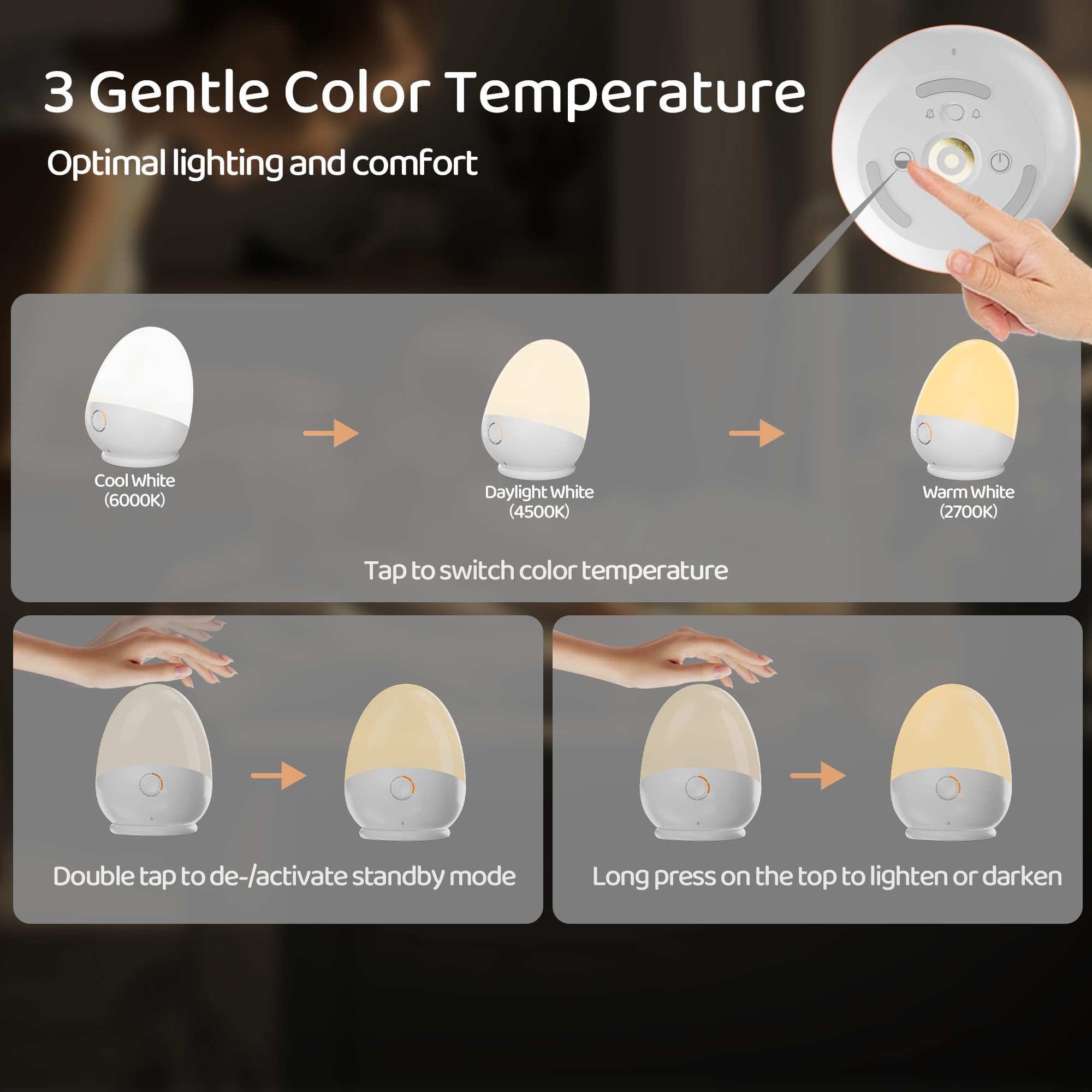 ZUZUKID Touch Egg Night Light dimmable brightness — adjustable illumination for night feeds