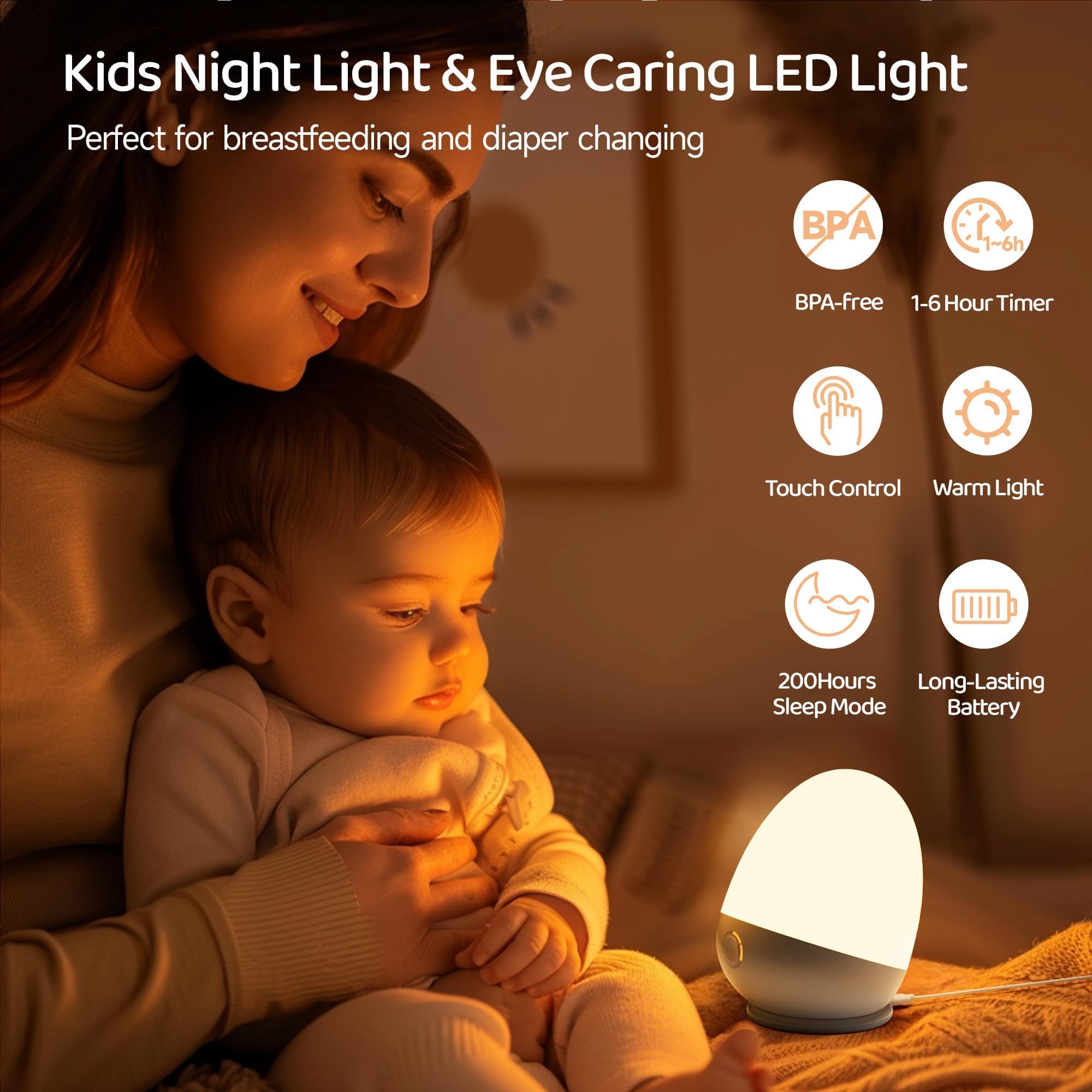 ZUZUKID Touch Egg Night Light tap control — quick on/off with a double-tap for convenience